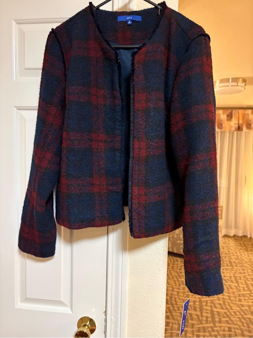 Apt. 9 women's navy and red plaid textured Woolblend open-front jacket Sz XL